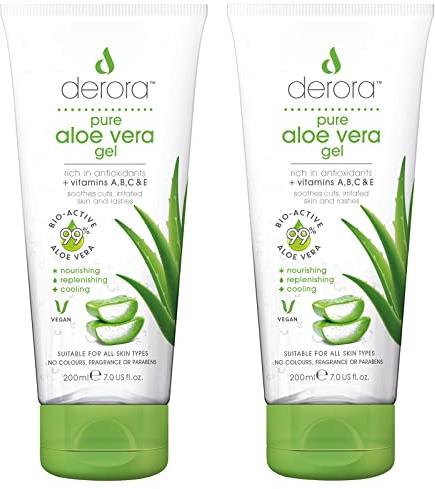 Derora Gel de Aloe Vera - 200ml x2 | Contiene Ingredientes 100% puros y naturales de Aloe Bio Activo | para curar, calmar e hidratar la piel, cara y cuerpo | Libre de Crueldad y Vegano