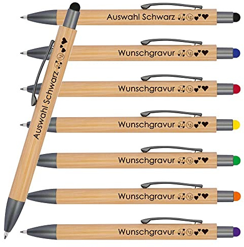 Juwelier Schönschmied 25 Stück Holzkugelschreiber mit Touchfunktion inkl. Gravur | Wunschgravur mit Emojis | Kugelschreiber mit Gravur | Werbekugelschreiber personalisisert (Schwarz)