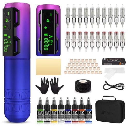 EZ Maquina de Tatuar Kit Completo - Kit Tatuaje Completo con Maquina de Tatuar Inalambrica, 20piezas Agujas para Cartuchos de Tatuaje, Batería de 1800mAh para Artistas del Tatuaje (P2S Morado)