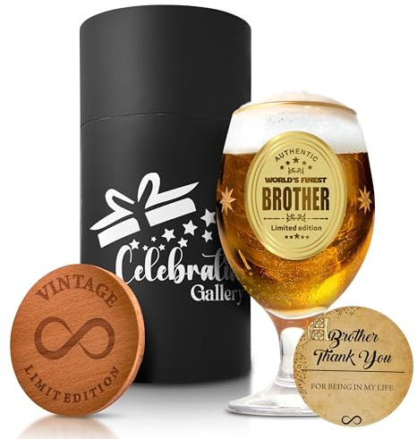 Firande Galleri Ölglas Bror Gåvor - Personlig Mugg Med Träunderlägg - 400 Ml Pintglas för Män - Glasmuggar Av Livsmedelskvalitet i Elegant Presentask
