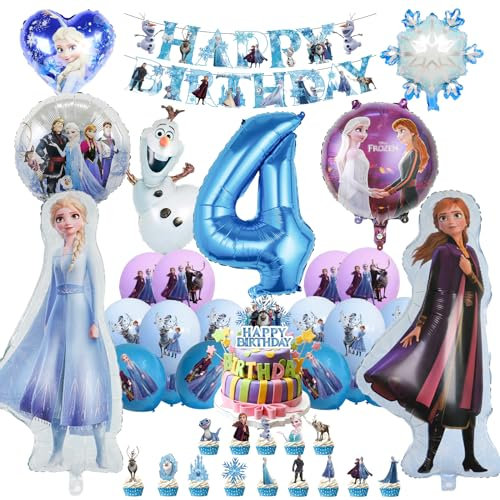 Oirigaga 46pcs Geburtstagsdeko Luftballons Set für 4 Jahre Mädchen, Eiskönigin Party Deko Ballons, Kinder Geburtstag Helium Balloons Eisa Anla Folienballons mit Happy Birthday Banner und Tortendeko