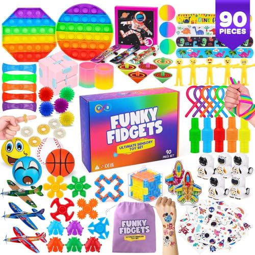 VB Fidget Toys Pack – 90-Pcs Kids Sensory Toys with Popper, Cube, Tubes, Stress Balls – Party Favours, Classroom Prizes – Anxiety, Stress Relief