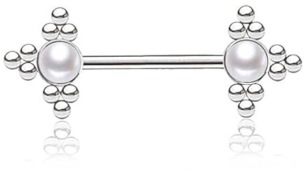 DENI 1 Piercing pezon mujer de diseño con 2 perlas, barra largo 12mm y grosor 1,6mm, antialergico.