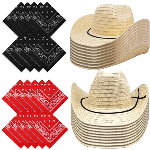 Lot de 18 chapeaux de cowboy et bandanas en paille en vrac, accessoires de tenue de fête occidentale, chapeau de paille classique pour homme et femme, costume de enterrement de vie de jeune fille,