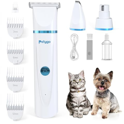PETYGO 3-in-1 Dog & Cat Grooming Kit - Rechargeable Cordless Pet Hair Clippers with Nail Grinder & Paw Trimmer & 5 Guide Combs, Low Noise Dog Clippers for Grooming Small Medium Pets
