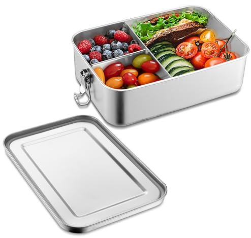 Joyfair Brotdose, Edelstahl Bento Box mit 3 Fächern, Vesperdose Lunch Box Auslaufsicher für Erwachsene & Kinder, Metall Brotzeitdose für Schule, Picknick und Unterwegs, Spülmaschinenfest - 1400ml