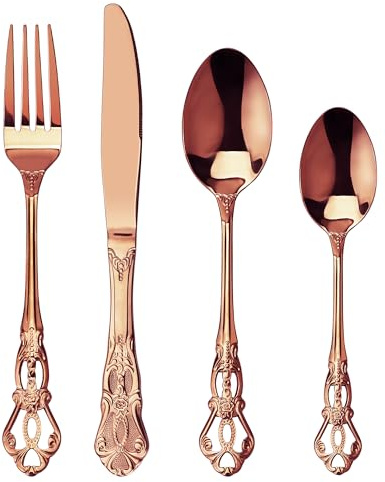 SHEUMNT Retro Rose Gold/Copper Silverware Set for 6, Gorgeous 24 Pieces Stainless Steel Flatware Set, Service for 6, Utensil Set Fork Spoon Knife, Antique Baroque Cutlery Set