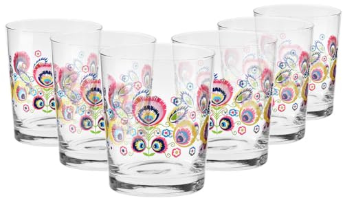 KROSNO Bicchieri per acqua, bevande e succhi di frutta, set da 6 x 250 ml, collezione Folk, vetro decorativo di alta qualità, motivo folk tradizionale, vetro senza piombo, si consiglia il lavaggio a