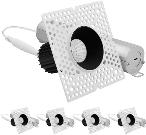 LUXRITE 1-Inch LED Trimless Recessed Spotlight with Black Reflector Trim Replacement 10W, 850LM, 2700K-5000K, 60° Beam Angle, Dimmable, Push-n-Lock, CRI90, Damp & IC Rated, ETL White + Black (4 Pack)