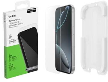 Belkin ScreenForce UltraGlass 2 Protector Pantalla iPhone 17 Pro Max, Película Protectora Frente a Impactos y Arañazos con Bandeja de Alineación Fácil para Instalación Sin Burbujas, Cristal Reciclado