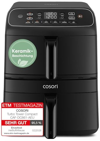 COSORI Airfryer | Turbo Tower Compact | Heißluftfritteuse 2 Kammern Keramikbeschichtung | 8,6L Double Stack mit mehreren Lüfterstufen | 2700W| Schwarz | DC861