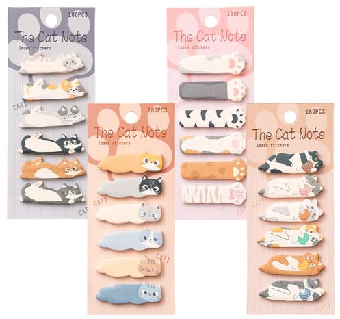 Cartoon Cat Sticky Notes, 720 Sheets Colorful Index Tabs, 4 Pads Self-Adhesive Cute Stationery for School Office, Mini Sticky Notes as Book Markers & Page Tabs, Sticky Tabs Page Markers