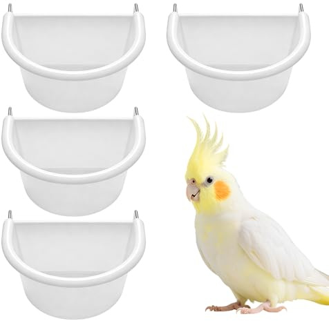 BORFUE 4 Pcs D-shaped Plastic Bird Food Bowl with Hook Hanging Cup Food Dish Bird Feeding Dish Parrot Cage Feeder Bowls Food Dispenser Bowl Cup for Parakeet Parrot Conure Cockatiel Budgie.