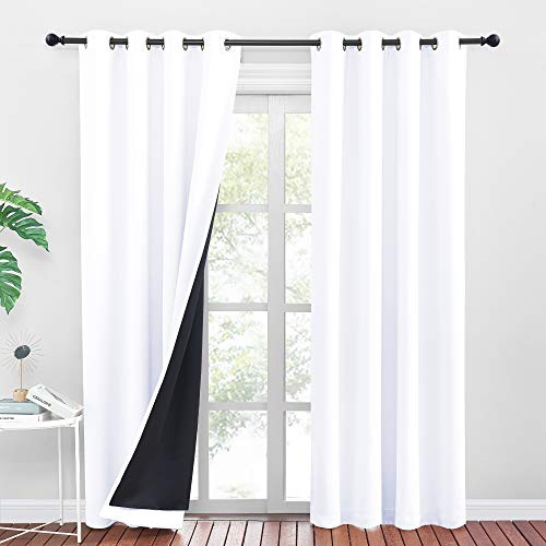 PONY DANCE Double Layer Thermal Eyelet Curtains, 52x84 Inch, White | 100% Blackout Curtains with Black Lining for Bedroom & Living Room, Noise Reducing & Privacy Protection, 2 Panels