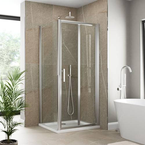 Luxura® 900 x 900mm Bifold Folding Shower Enclosure Door Screen for Wet Room Cubicle Enclosures, 6mm Safety Glass Space Saving, Framed, Polished Chrome