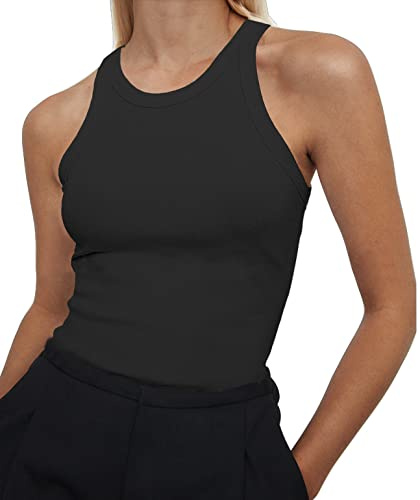 Artfish Women's Sleeveless Full Length Ribbed Fitted Racerback Workout Crew High Neck Basic Tank Top (Black, S)