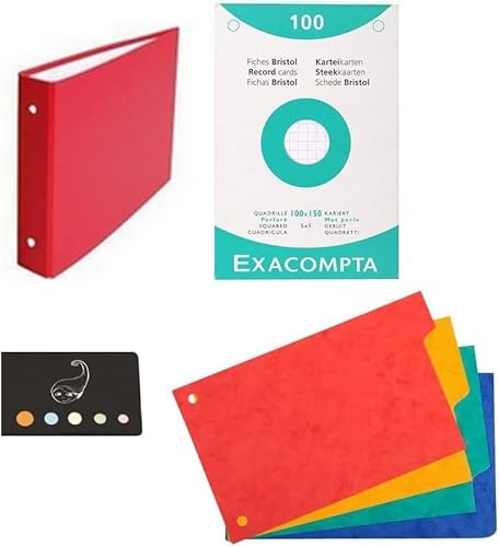 Lotto di 1 raccoglitore per schede + 100 spine Bristol 10 x 15 cm a quadretti perforati + 4 divisori + 1 indice adesivo Blumie (rosso)
