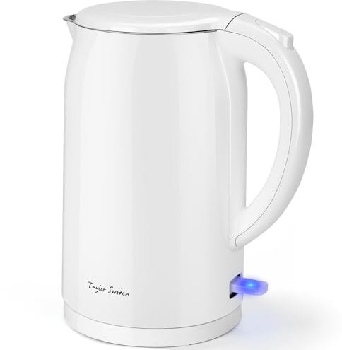 Taylor Swoden Electric Kettle, Double Wall Insulated Kettle Cordless, Stainless Steel Interior & Lid, Cool Touch, Quiet Fast Boil, 2200W, 1.5 Litre, White - Hedy 30J4U