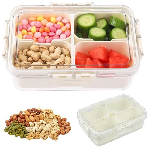 Bocguy Snackschale mit Deckel, Snackbox mit Fächern, Snack Aufbewahrungsbox, Snackteller mit 4 Fächern, Snackschale Organizer für Partynüsse, Trockene Gewürze, Süßigkeiten, Nüsse, Obst, Gemüse