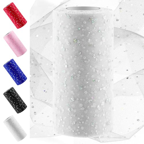 Swpeet Rotolo di tulle glitterato bianco da 15,2 cm x 45,7 m, bobina di nastro di tulle scintillante, bobina di rete in poliestere per decorazioni fai da te per compleanno, matrimonio e forniture per