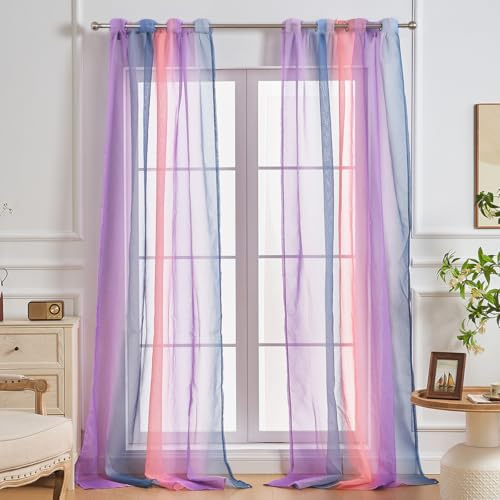 NETMEO 2 Panel Color Sheer Curtains, Kids Bedroom Curtains, Girls Room Window Decor, Breathable Light Filtering Grommet Curtains(Gray Pink Purple, W52×L96×2P)