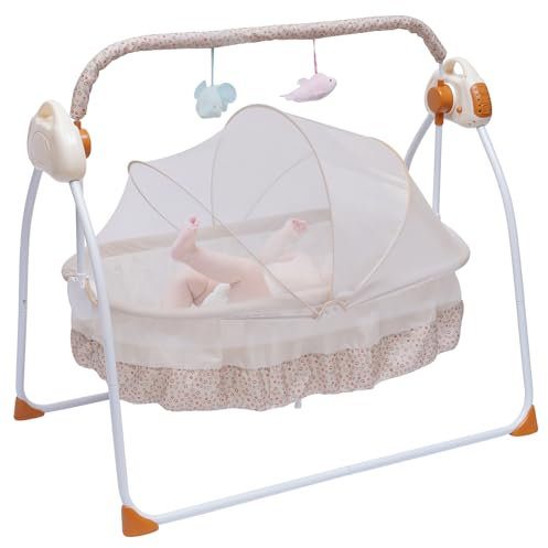 ARBGO Elektrische Babybett, Babywiege, Automatik Babyschaukel Babybett, 5-Speed Kinderbett Babyschaukel mit Spielzeugen, Elektrische Baby Wiege Mit Matratze Moskitonetz Wiege für 0-18Monate,Khaki