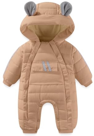 JiAmy Baby Girls Boys Winter Snowsuit Warm Hooded Romper Bear Double Zip Up Jumpsuit 12-18 Months Brown