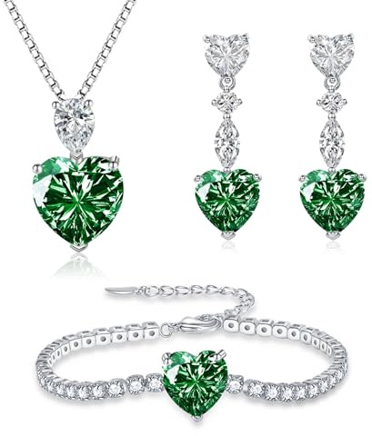 Glintara Silver 925 Women's Jewellery Sets, 925 Sterling Silver Heart Jewelry Set with Green Zirconia, Love Pendant with 45cm Necklace & Drop Earrings & Bracelet Set CZ Jewellery for Girls