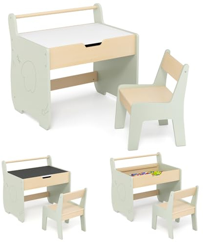 GOPLUS Table Enfant avec Chaise, 3 en 1 Bureau Enfant en Bois avec Rangement, Tableau Reversible Blanc/Noir, Porte-Rouleau de Papier, Petite Table d'Activités pour Dessiner Manger Etudier (Vert)