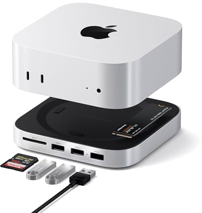 SATECHI Mac Mini M4 Hub & Stand with NVMe SSD Enclosure, Dock with 2 USB-A Up to 10Gbps Ports, USB-A Data Port, SD Card Reader for Mac Mini M4, M4 Pro - Silver