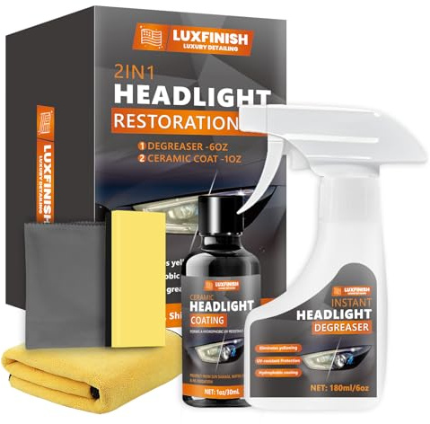LUXFINISH Headlight Restoration Kit - Instantly Restores Yellowed & Cloudy Headlights to Like New, with Permanent UV Block Coating Sealer, Surface Cleaner Spray, Applicator Pads & Microfiber Towels