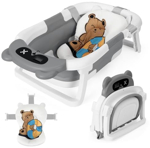 Monucep Bañera plegable para bebés con termómetro y alfombrilla de baño, bañera portátil para bebés plegable, ahorra espacio, para recién nacidos a partir de 0 a 3 meses, gris con diseño de osos