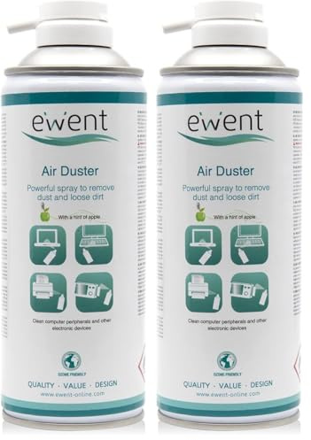 Ewent Lata de aire comprimido, aroma a manzana, 400ml limpieza de accesorios de PC teclados impresoras, televisores, cámaras y otros, spray de contacto tubo de extensión, el embalaje puede variar