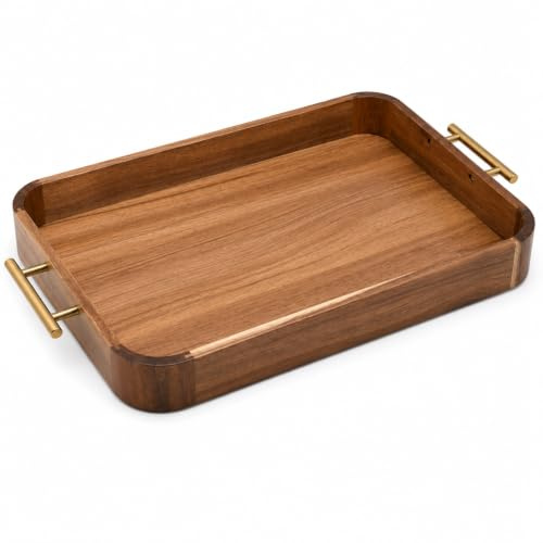 Vassoio in Legno di Acacia con Manici Dorati, 42,5 × 27,5 × 5 cm – Vassoio da Portata Rettangolare per Colazione, Caffè e Aperitivo – Vassoio Decorativo per Tavolino e Cucina