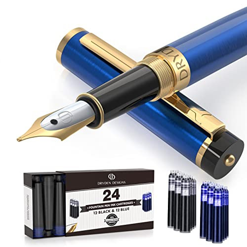 Dryden Designs Fountain Pen Medium Nib | Includes 24 Ink Cartridges - Comes with Ink Refill Converter, Classic Writing Tool - Mysterious Blue