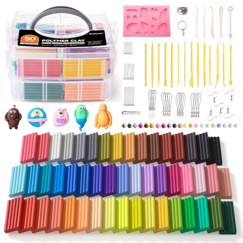 Shuttle Art Kit argilla polimerica, 50 colori, kit argilla da modellare morbida al forno, 19 strumenti per intaglio e 10 tipi di accessori, antiaderente, non tossico per i bambini