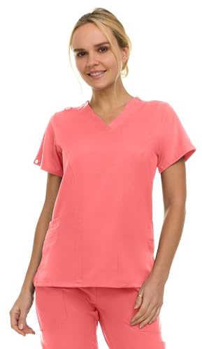 MediChic Women's V-Neck Scrub Top - 3-Pocket, 4-Way Stretch, Comfortable Medical Uniform, Coral Medium