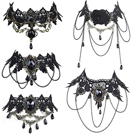 ASTER 5 Piezas Choker Conjunto de Collar de Encaje de Halloween Corbata de Encaje Gótico Vintage Negro Joyería Steampunk Victoriana Fiesta Boda Princesa