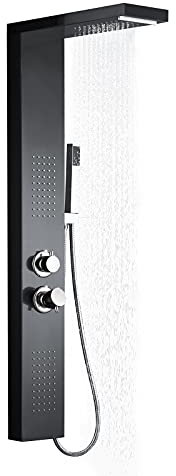 UISEBRT Pannello Doccia Idromassaggio in Acciaio Inox - 4 Funzioni Colonna Doccia Set con per Bagno Inox Sistema Set Doccia con Soffione Fisso,Massaggi,Doccetta e Bocca Vasca (Nero Opaco)