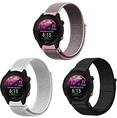 ZoRoll 3 Stück 18mm Armband für Garmin Forerunner 265S/Forerunner 255S Music/Vivoactive 4S/Vivomove 3S/Venu 2S, Nylon Einstellbar Klettverschluss Ersatzarmband für Garmin Move 3S - Schwarz+Weiß#1+Rosa