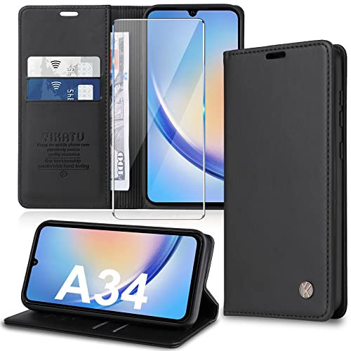 Migexxkj Handyhülle für Samsung Galaxy A34 5G Hülle [mit Schutzfolie] [Premium PU Leder] Klapphülle Ständer Kartenfach Magnetic Flip Case Cover Etui Tasche Schutzhülle für Samsung A34 5G