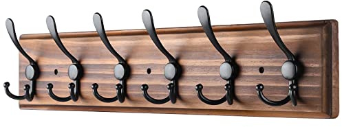 PHINGEER Coat Rack Wall Mount, Wooden Heavy Duty Coat Rack for Wall,6 Triple Coat Hanger Hooks for Hanging Coats,Jacket,Hat,Clothes (Brown, 6 Hooks)