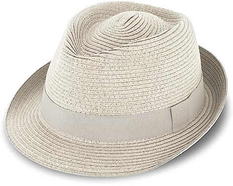 fiebig Jackson Trilby pappershatt med färgat ripsband | Solhatt av 100 % papper | Naturlig sommarhatt i många storlekar och färger, Beige, 59 cm