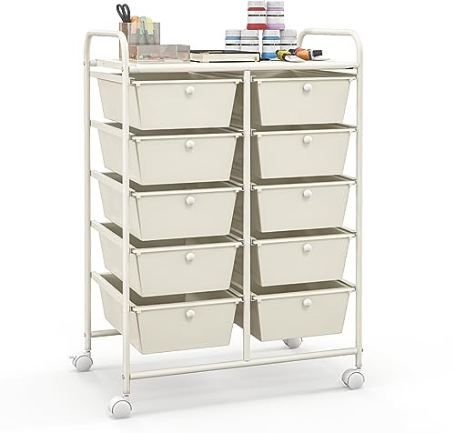 TANGZON 10 Drawers Storage Cart, Rolling Utility Cart with Lockable Wheels, Multipurpose Mobile Organizer Trolley for Home Office Stationery Beauty & Salon (Cream White)