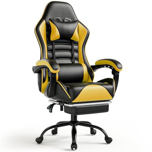 Fruyyzl Sillas Gaming con Reposapies, Silla Gamer Adulto con Respaldo Lumbar, Silla Escritorio Gaming Ajustable en Altura, Silla Ordenador en Piel Sintética (Gama Media, Amarillo)