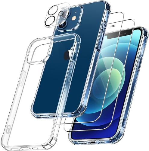 FLLAO 4 en 1 Funda para iPhone 12 con 2 Protector Pantalla y 1 Protector Lente Cámara, [Almohadilla de Aire integrada] Antigolpes Antiarañazos Carcasa 6,1 Pulgadas, Transparente