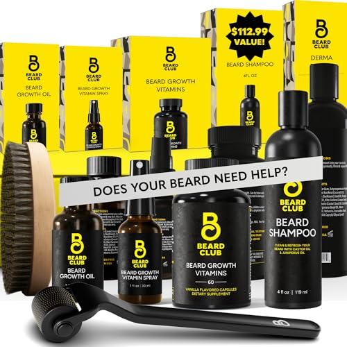 The Beard Club Advanced Beard Growth Kit - Derma Roller, Growth Oil, Vitamins and Vitamin Spray, Shampoo and Boar Bristle Brush - Gift Set - Cedar