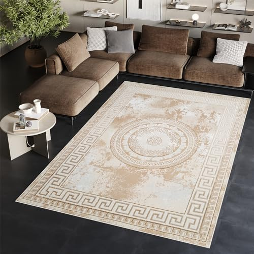 TAPISO Ares Tapis Poils Courts Traditionnel Vintage Blanc Beige Or Rosace Bordure Effet 3D Brillant Doux Tapis Salon Chambre Oeko-TEX Résistant 200 x 300 cm