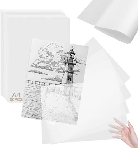 50 Blatt Durchsichtige Papier, Weiß Transparentpapier, Tracing Paper Hohe Transparenz, 55 g/m² Seidenpapier Transparentpapier, zum Zeichnen, Basteln, Gestalten Papier Transparent (210 * 297mm)