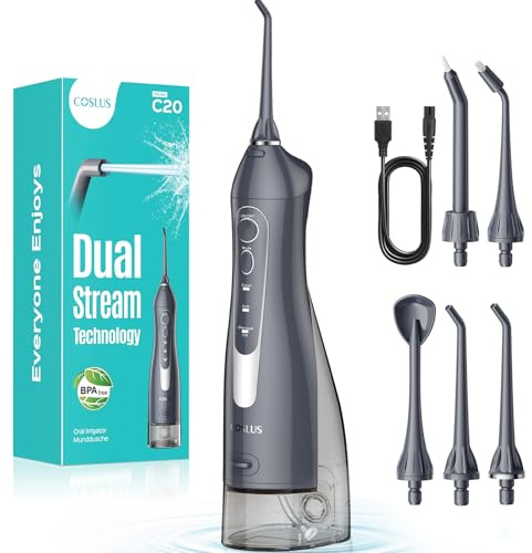 COSLUS C20 Idropulsore Dentale Portatile Senza Fili, 300 ML Irrigatore Idropulsore Ricaricabile Foppio Flusso Impermeabile IPX7 Water Orale Flosser Pulizia Denti Ideale per Viaggi a Casa Grigio chiaro